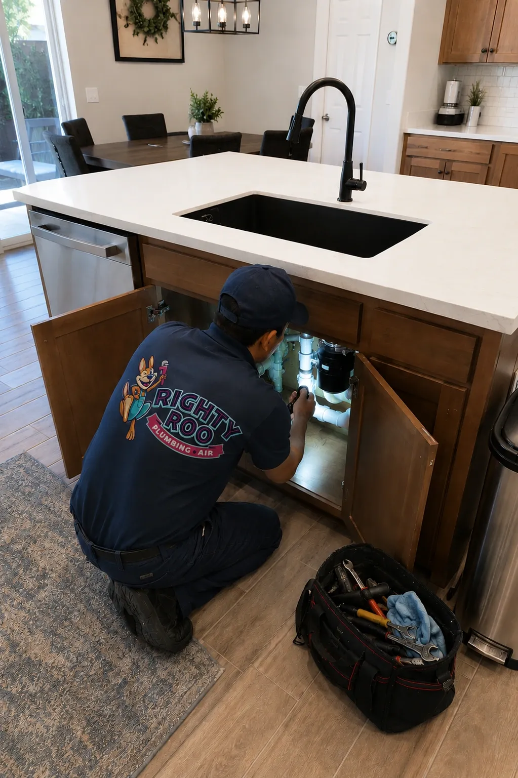 A Righty Roo plumber working under a kitchen sink
