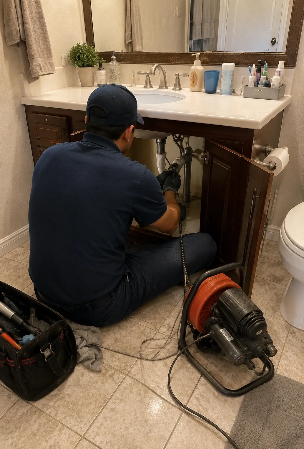 A Righty Roo plumber working in a bathroom